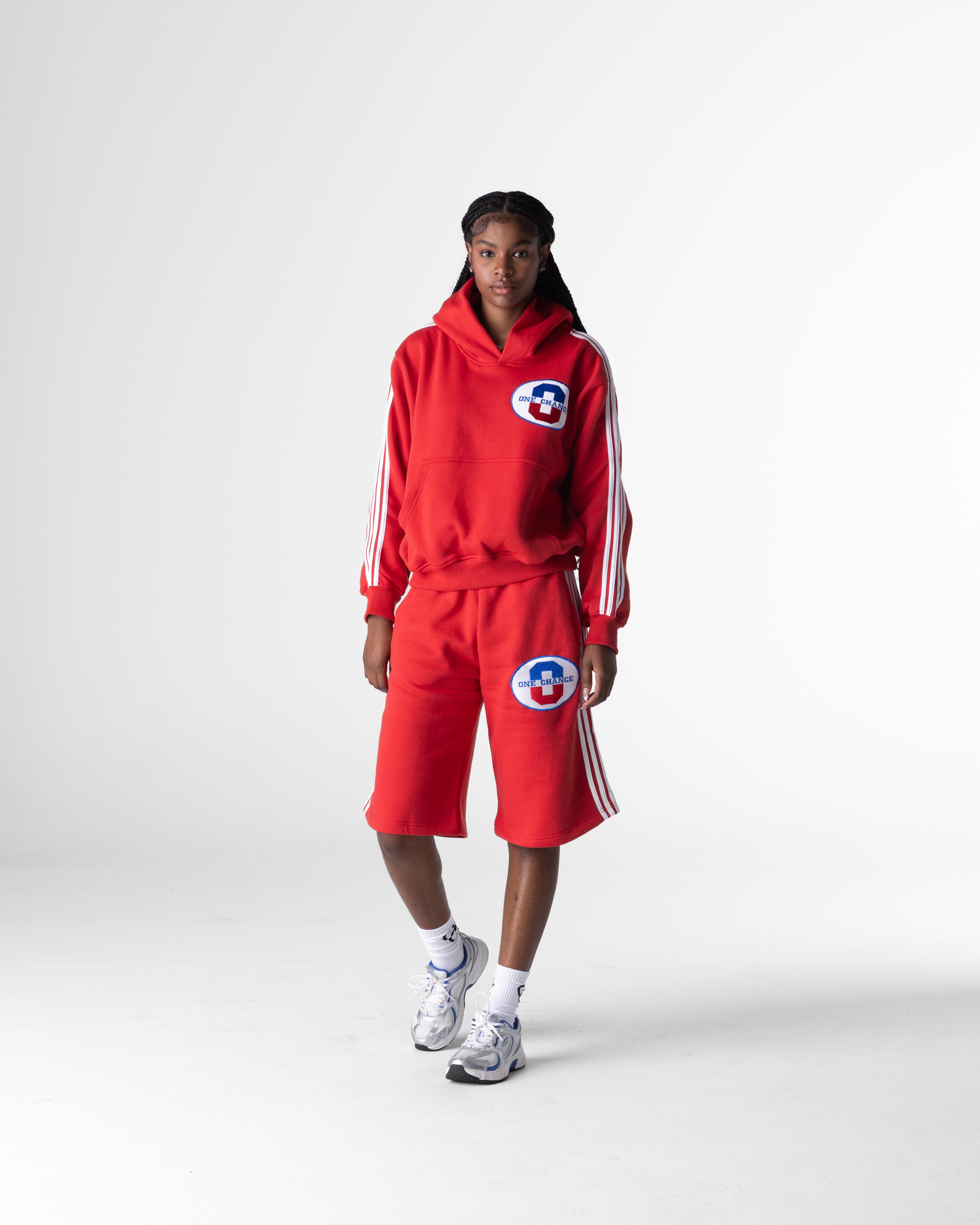 RED ATHELTICS STRIPPED 3/4 SHORTS